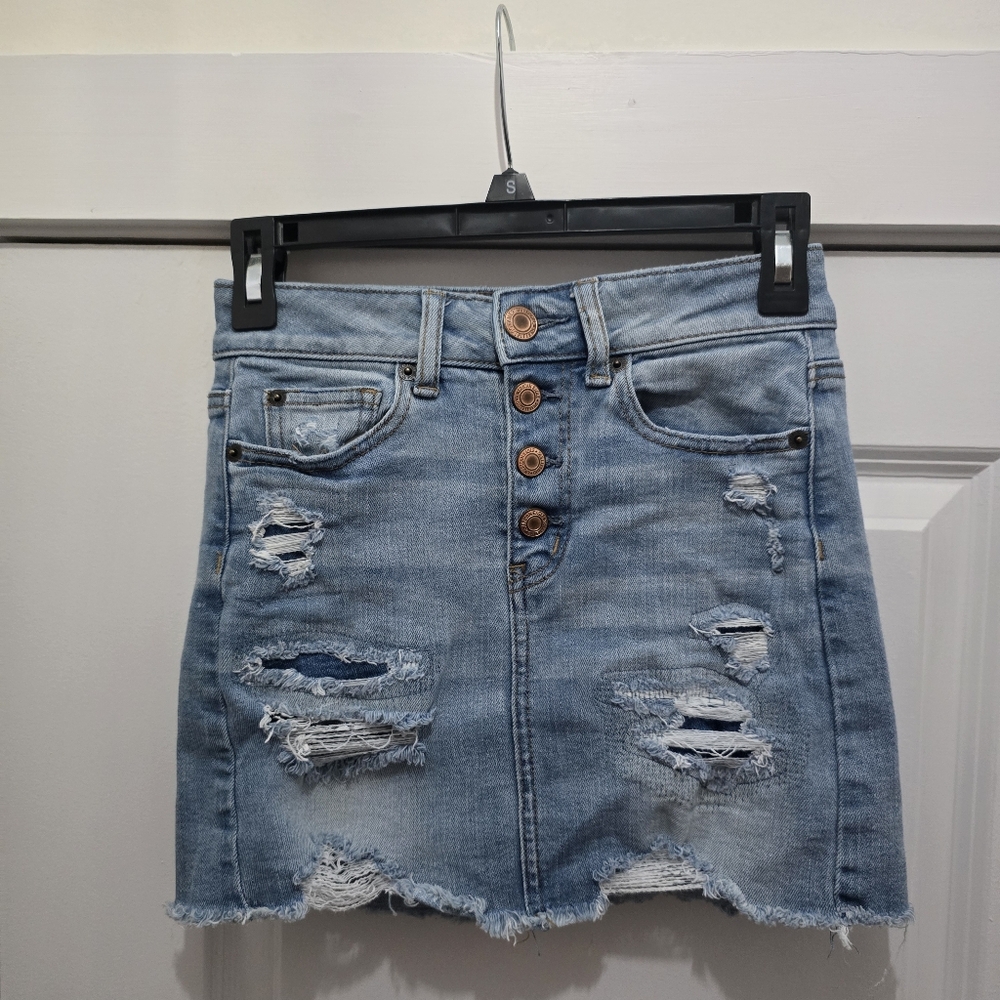 Distressed Light Blue Denim Skirt